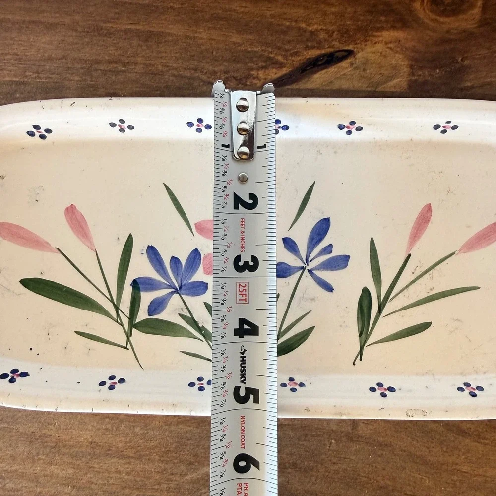 Vintage Hand Painted Floral Ceramic Tray Oval Folk Art Decorative Platter Cream